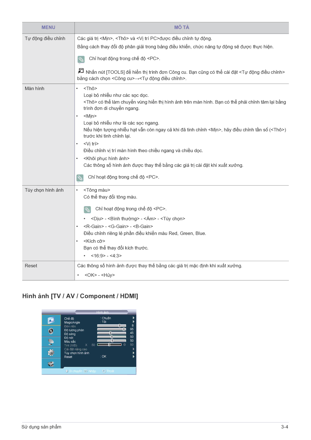 Samsung LS22PTESF/XV manual Hình ảnh TV / AV / Component / Hdmi 