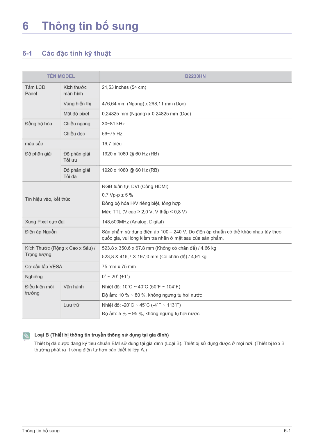 Samsung LS22PTESF/XV manual Thông tin bổ sung, Các đặc tính kỹ thuật, TÊN Model 