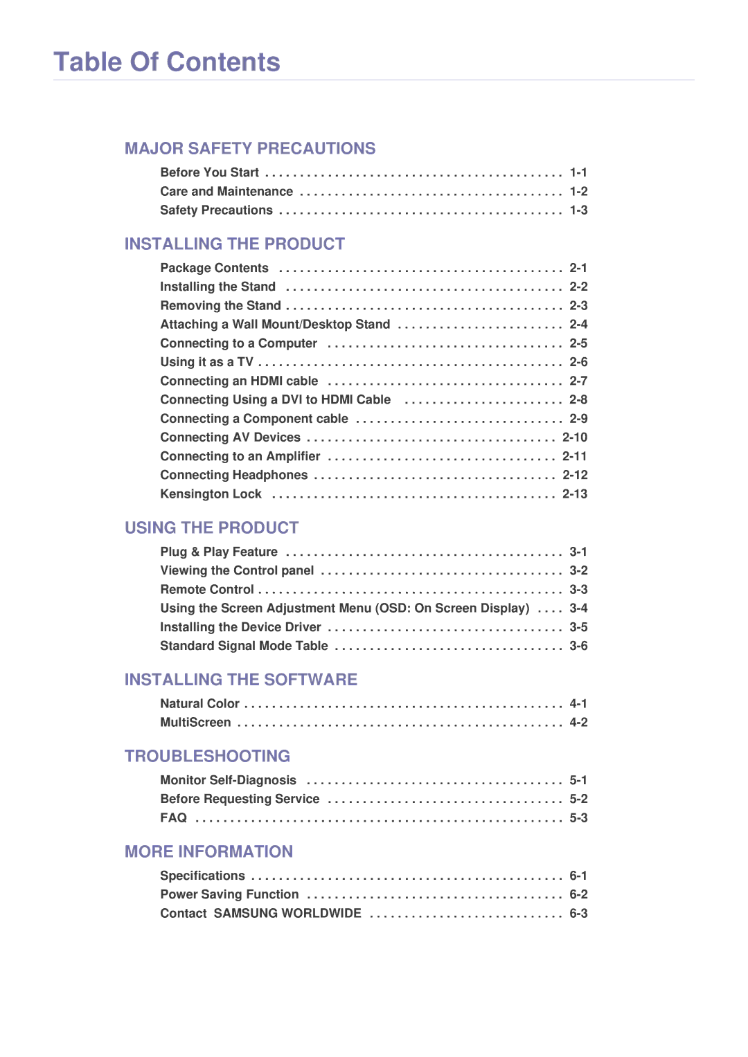 Samsung LS22PTESF/XV manual Table Of Contents 