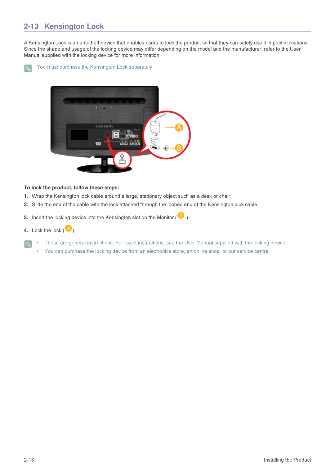 Samsung LS22PTESF/XV manual You must purchase the Kensington Lock separately 