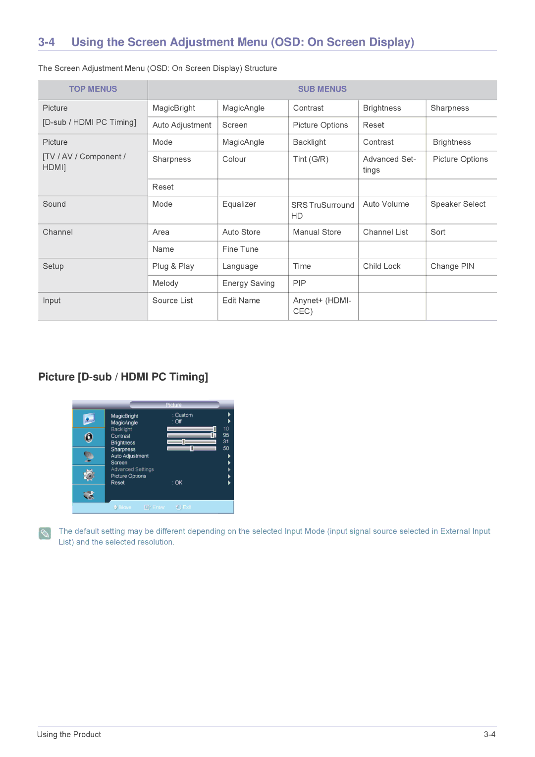 Samsung LS22PTESF/XV manual Using the Screen Adjustment Menu OSD On Screen Display, Picture D-sub / Hdmi PC Timing 