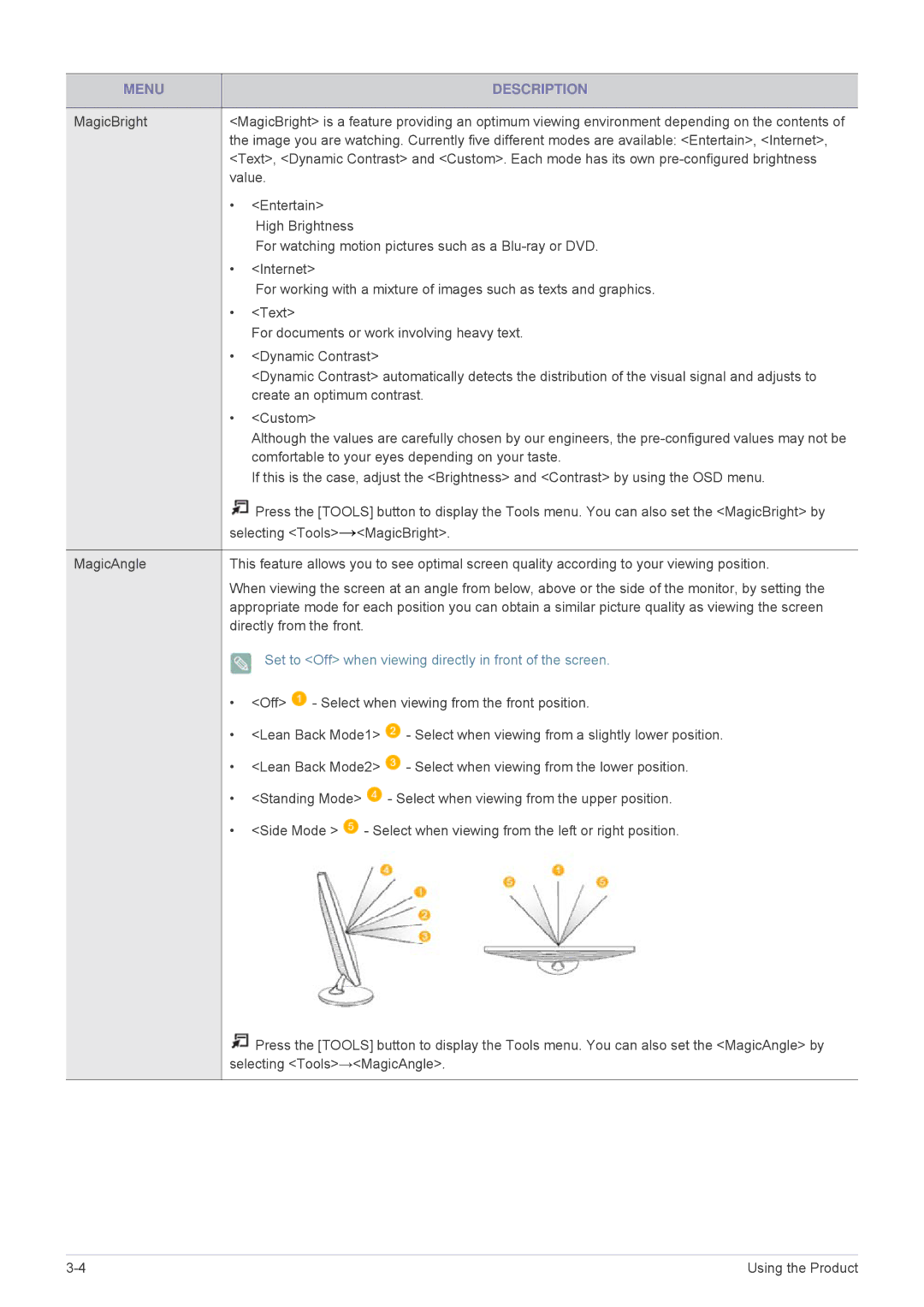 Samsung LS22PTESF/XV manual Menu Description, Set to Off when viewing directly in front of the screen 