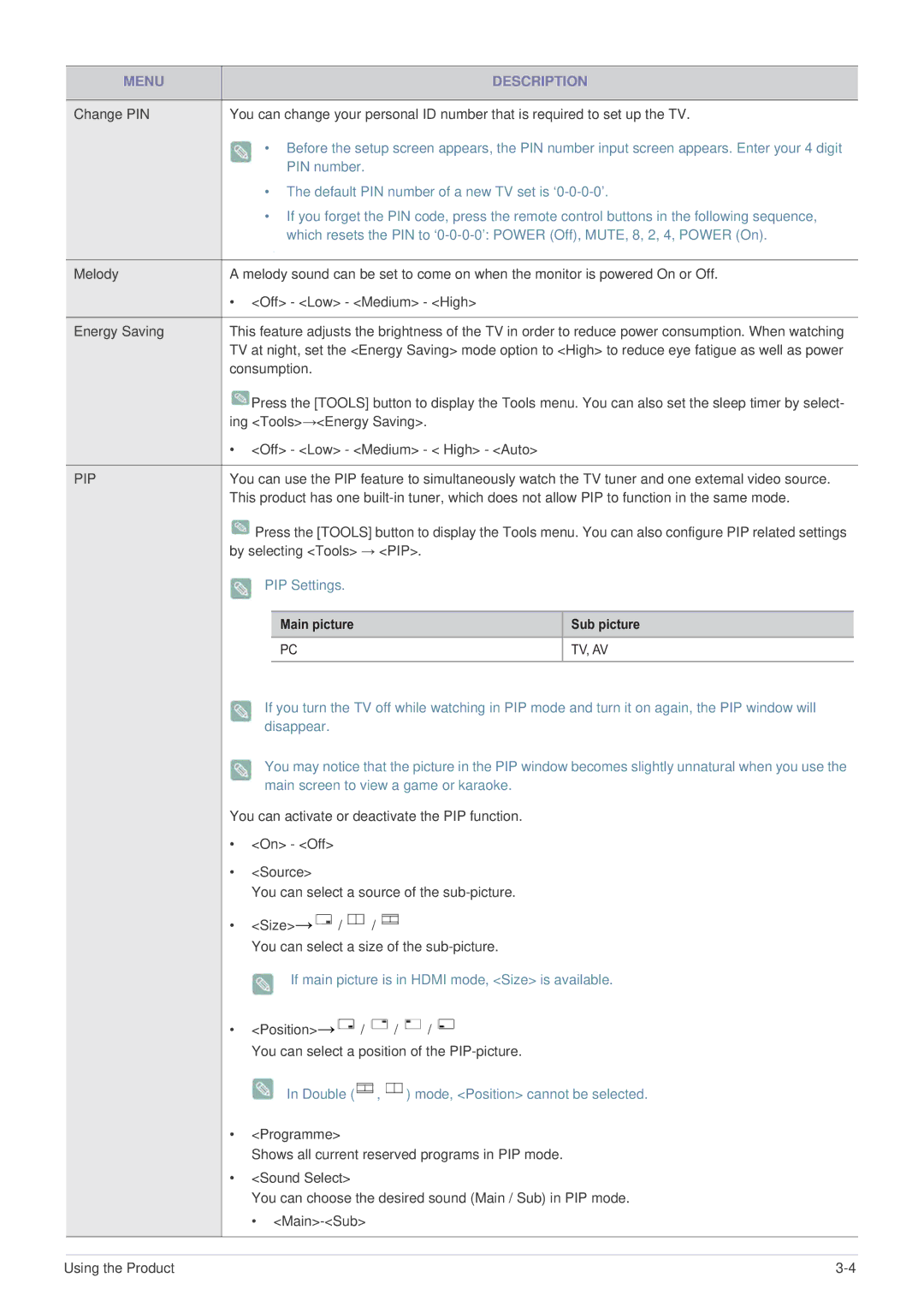 Samsung LS22PTESF/XV manual PIP Settings, If main picture is in Hdmi mode, Size is available 