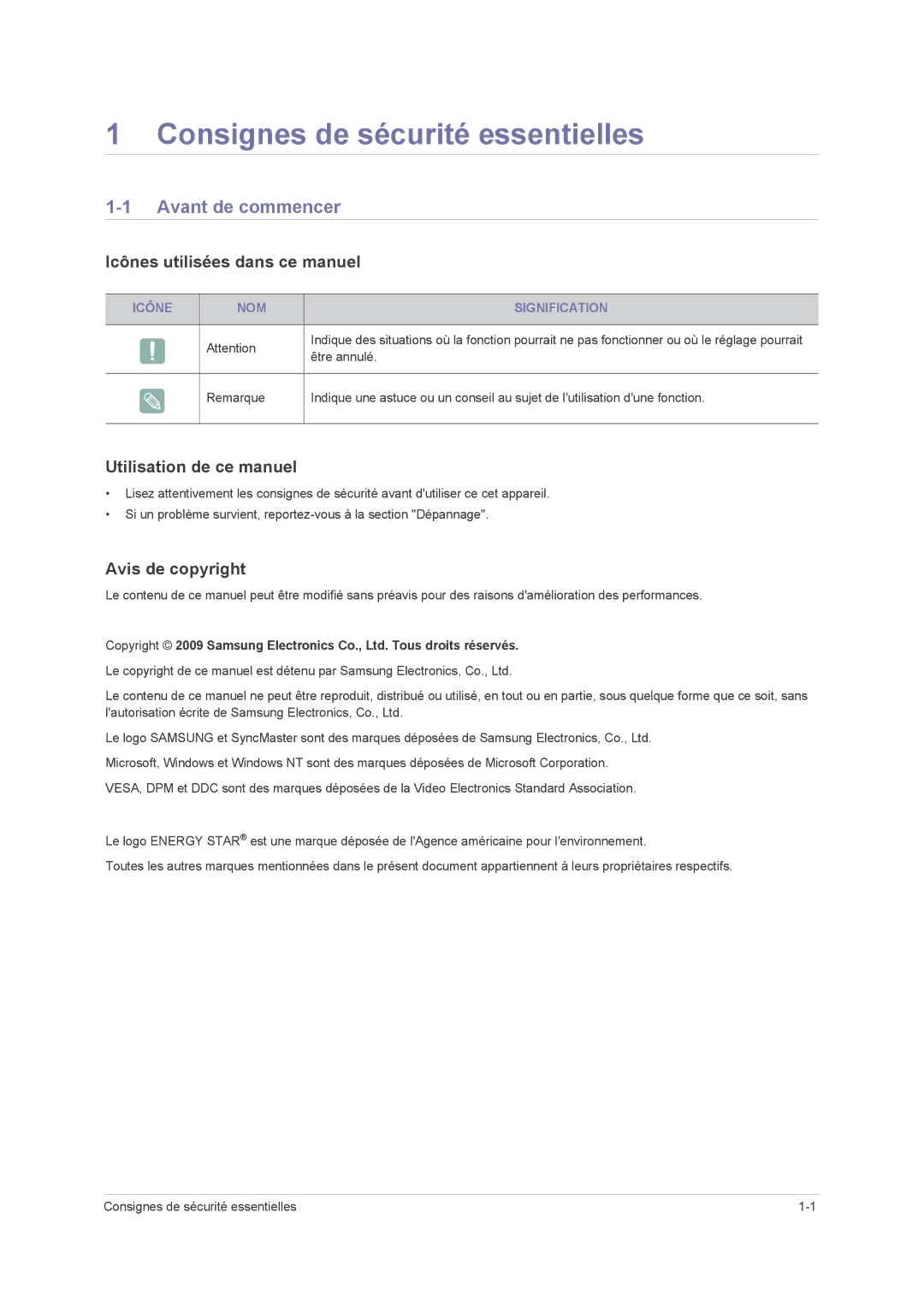 Samsung LS22PUHKF/EN, LS23PUHKF/EN Consignes de sécurité essentielles, Avant de commencer, Icônes utilisées dans ce manuel 