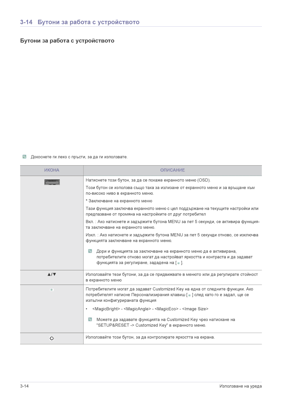 Samsung LS20PUYKF/EN, LS22PUYKFHEN, LS22PUKKF/EN, LS19PUYKF/EN manual 14 Бутони за работа с устройството, Икона Описание 