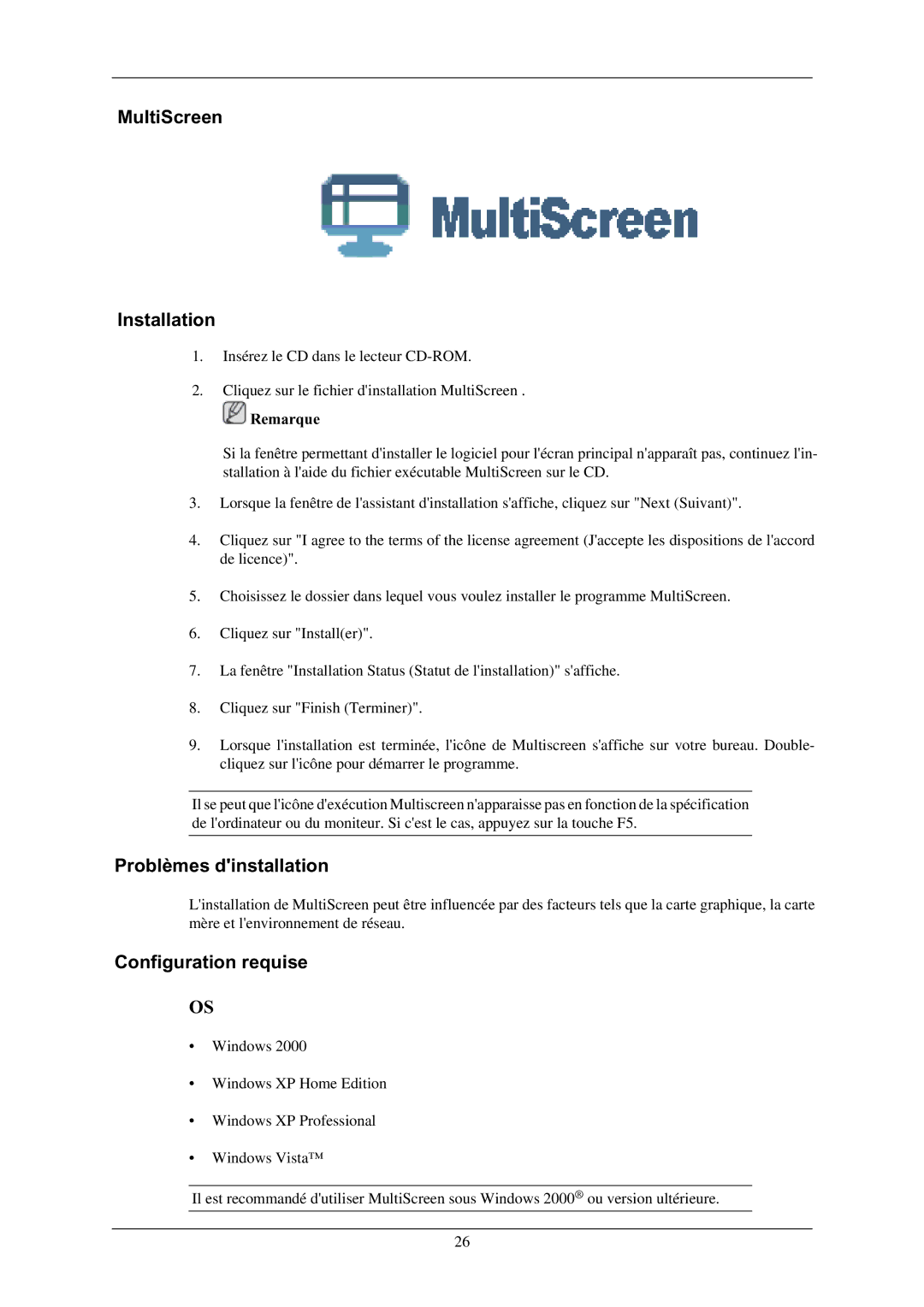 Samsung LS22TDDSUY/EN manual MultiScreen Installation, Problèmes dinstallation, Configuration requise 