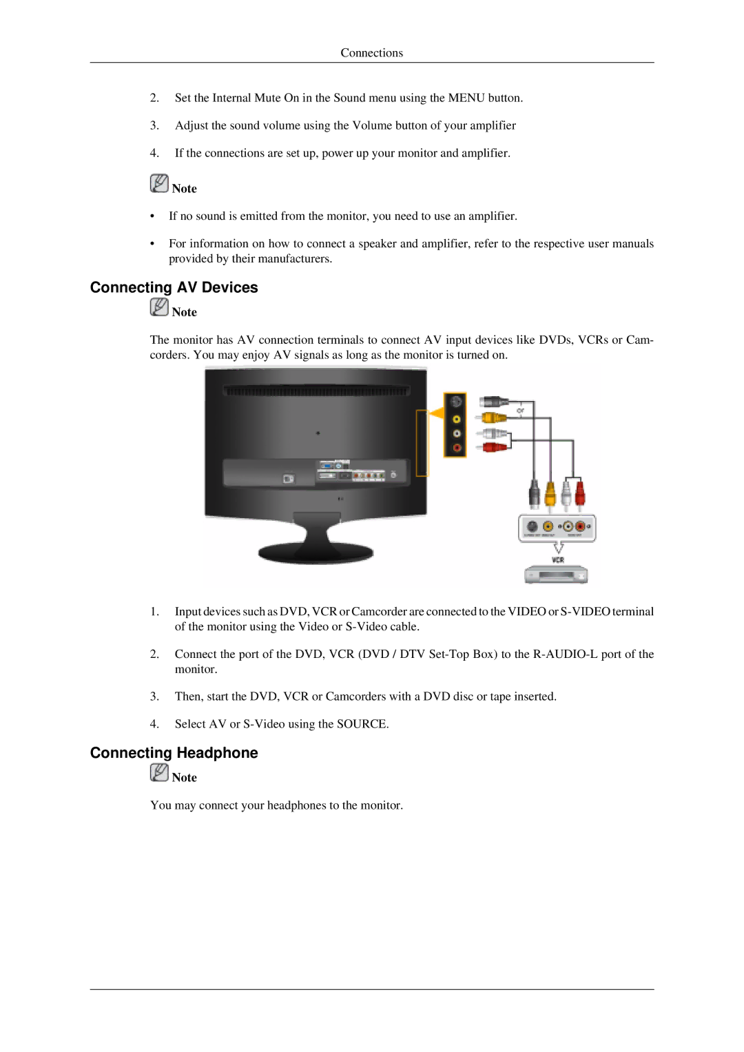 Samsung LS22TDSSU/CT manual Connecting AV Devices, Connecting Headphone 