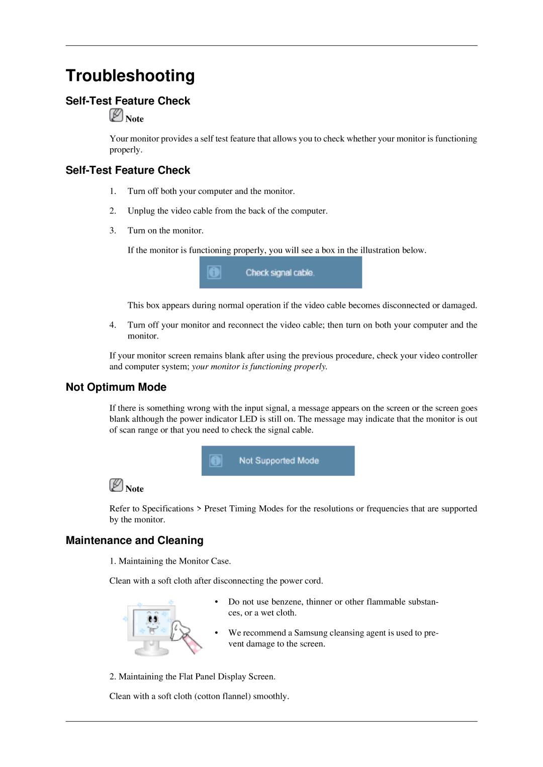 Samsung LS22TDSSU/CT manual Self-Test Feature Check, Not Optimum Mode, Maintenance and Cleaning 