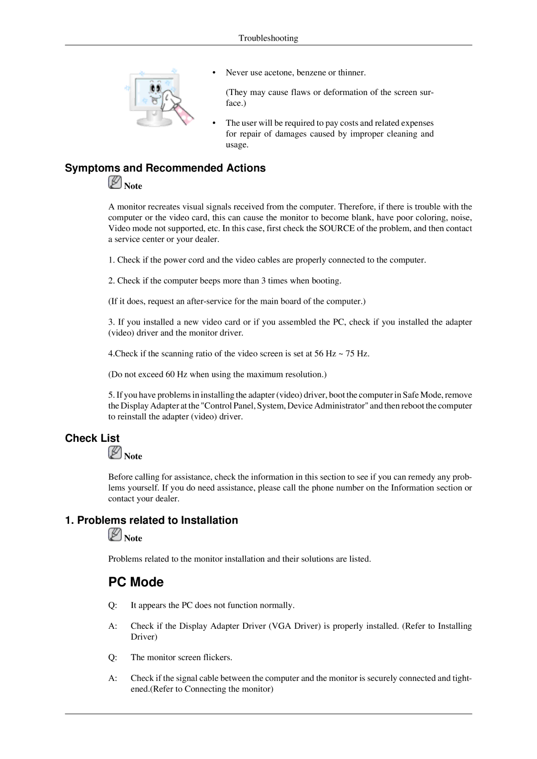 Samsung LS22TDSSU/CT manual Symptoms and Recommended Actions, Check List, Problems related to Installation 