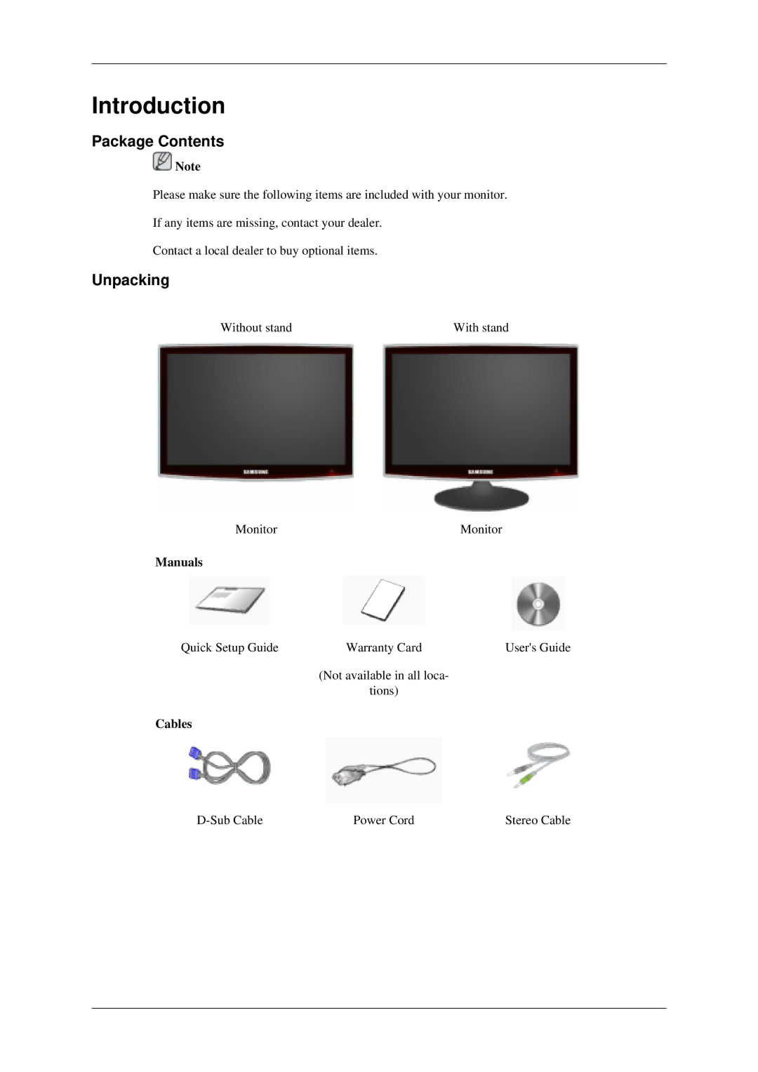 Samsung LS22TDSSU/CT manual Introduction, Package Contents, Unpacking 