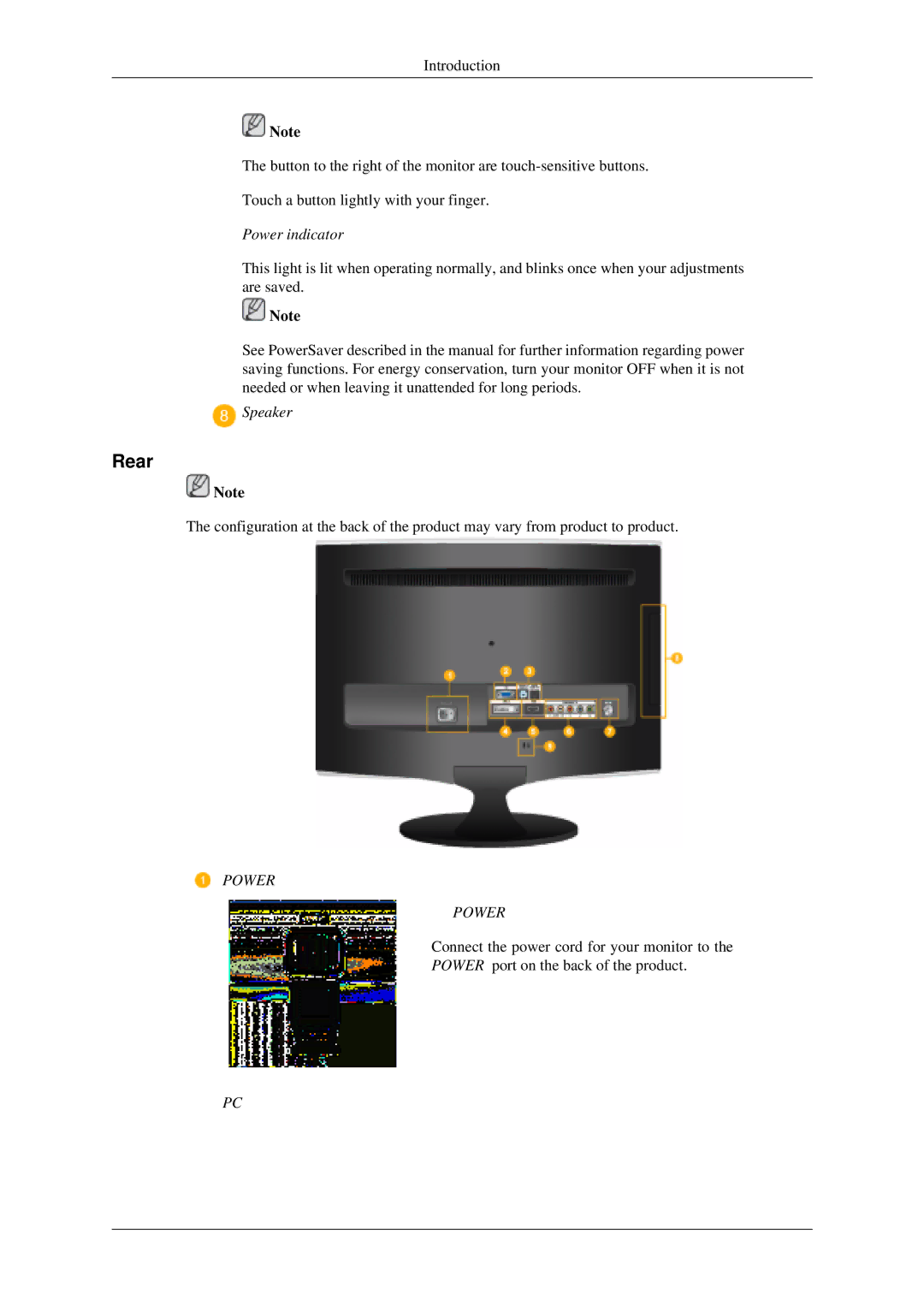 Samsung LS22TDSSU/CT manual Rear, Power indicator 