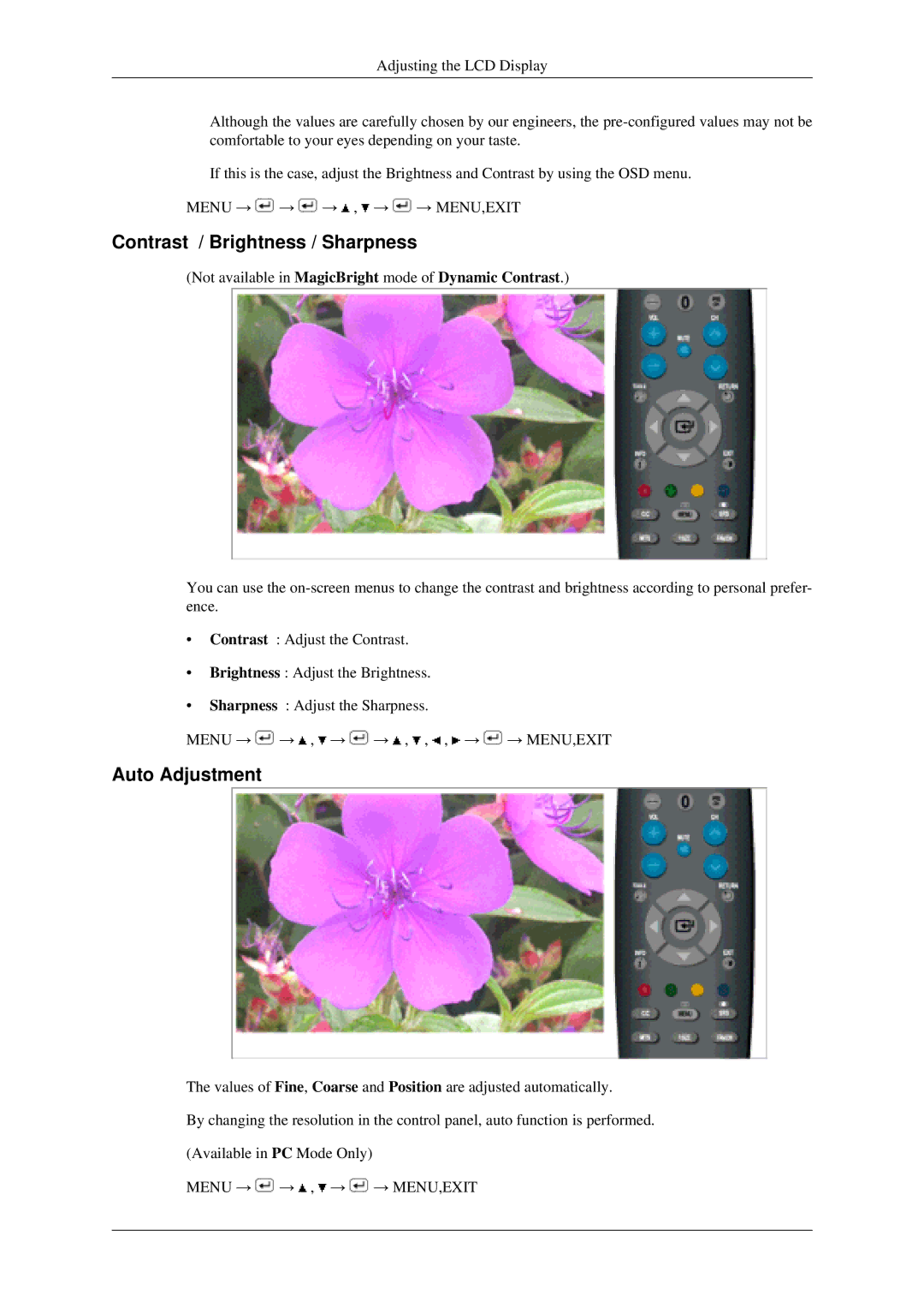 Samsung LS22TDSSU/CT manual Contrast / Brightness / Sharpness, Auto Adjustment 