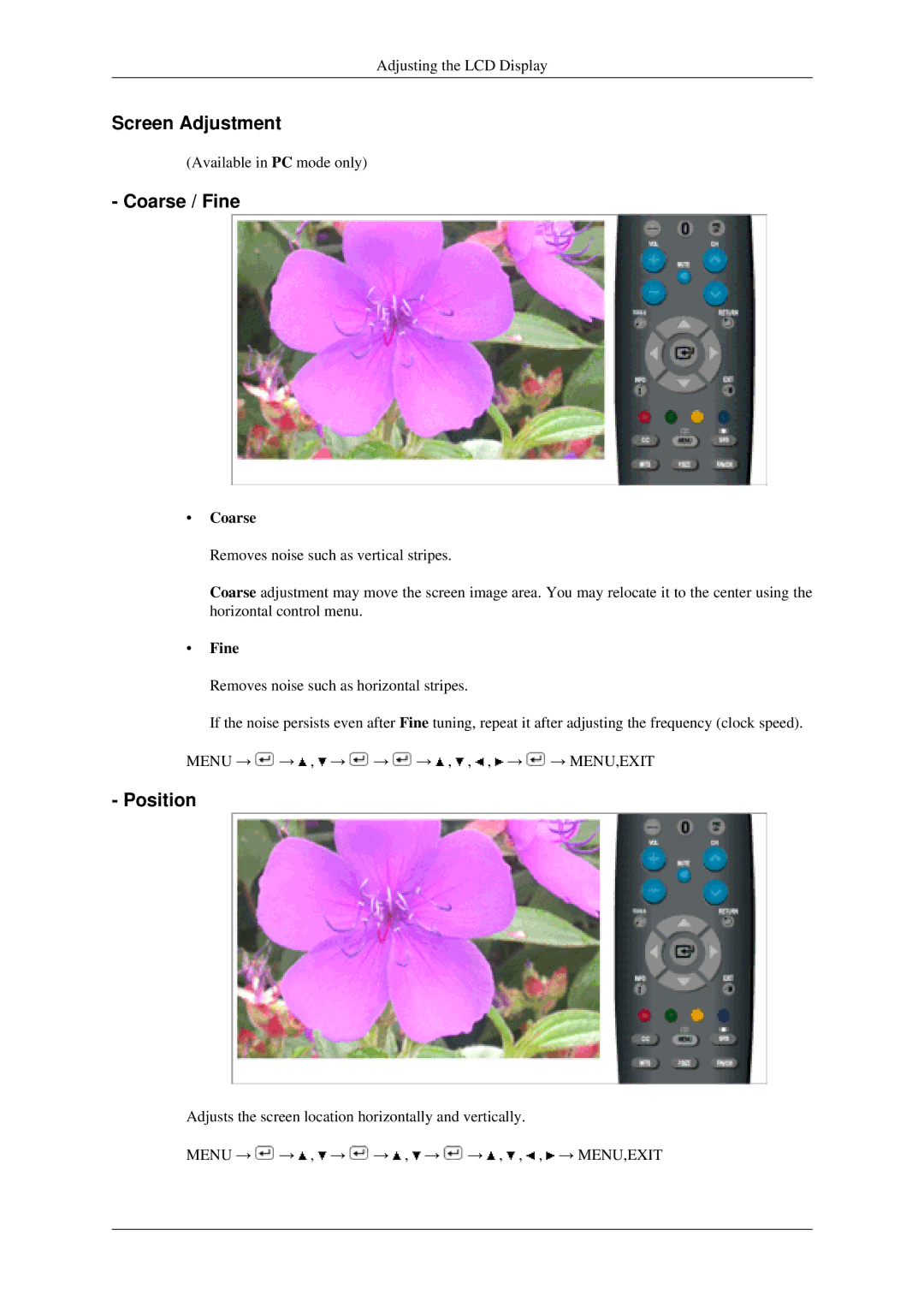 Samsung LS22TDSSU/CT manual Screen Adjustment, Coarse / Fine, Position 