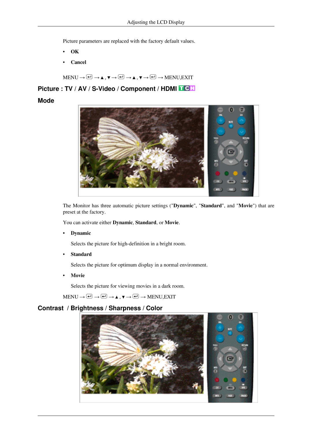 Samsung LS22TDSSU/CT manual Picture TV / AV / S-Video / Component / Hdmi Mode, Contrast / Brightness / Sharpness / Color 