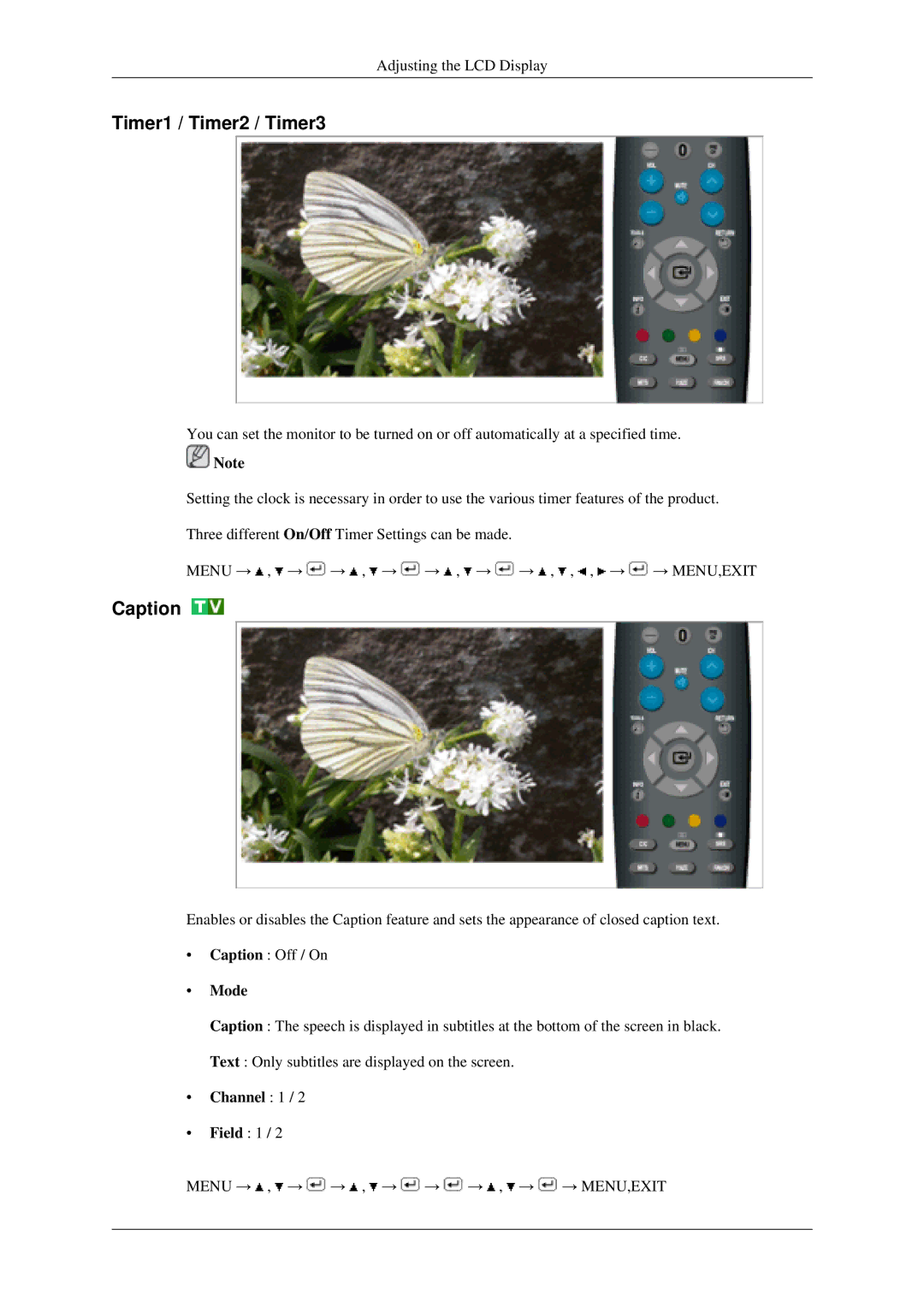 Samsung LS22TDSSU/CT manual Timer1 / Timer2 / Timer3, Caption, Mode, Channel 1 