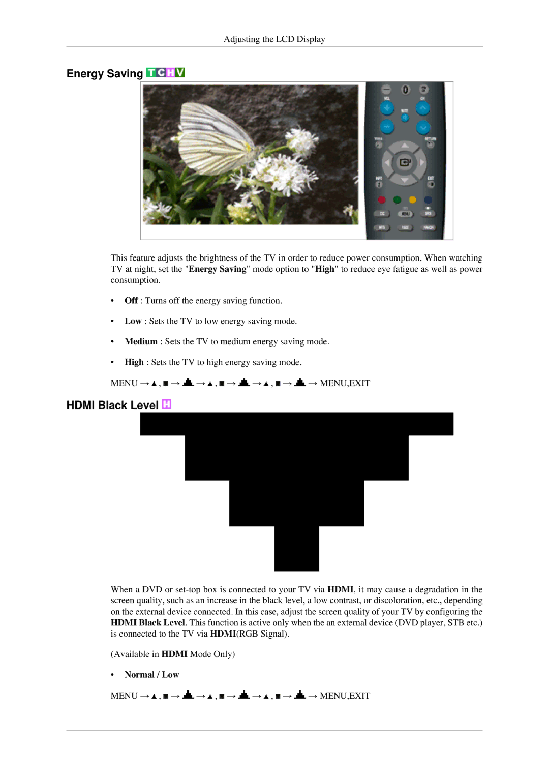 Samsung LS22TDSSU/CT manual Energy Saving, Hdmi Black Level, Normal / Low 