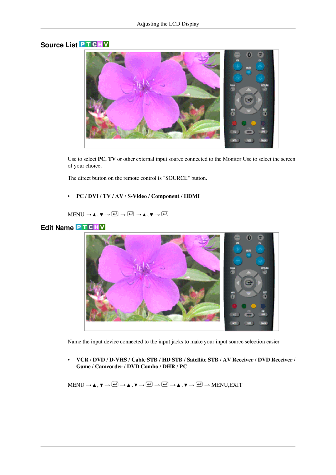 Samsung LS22TDSSU/CT manual Source List, Edit Name, PC / DVI / TV / AV / S-Video /Component / Hdmi 