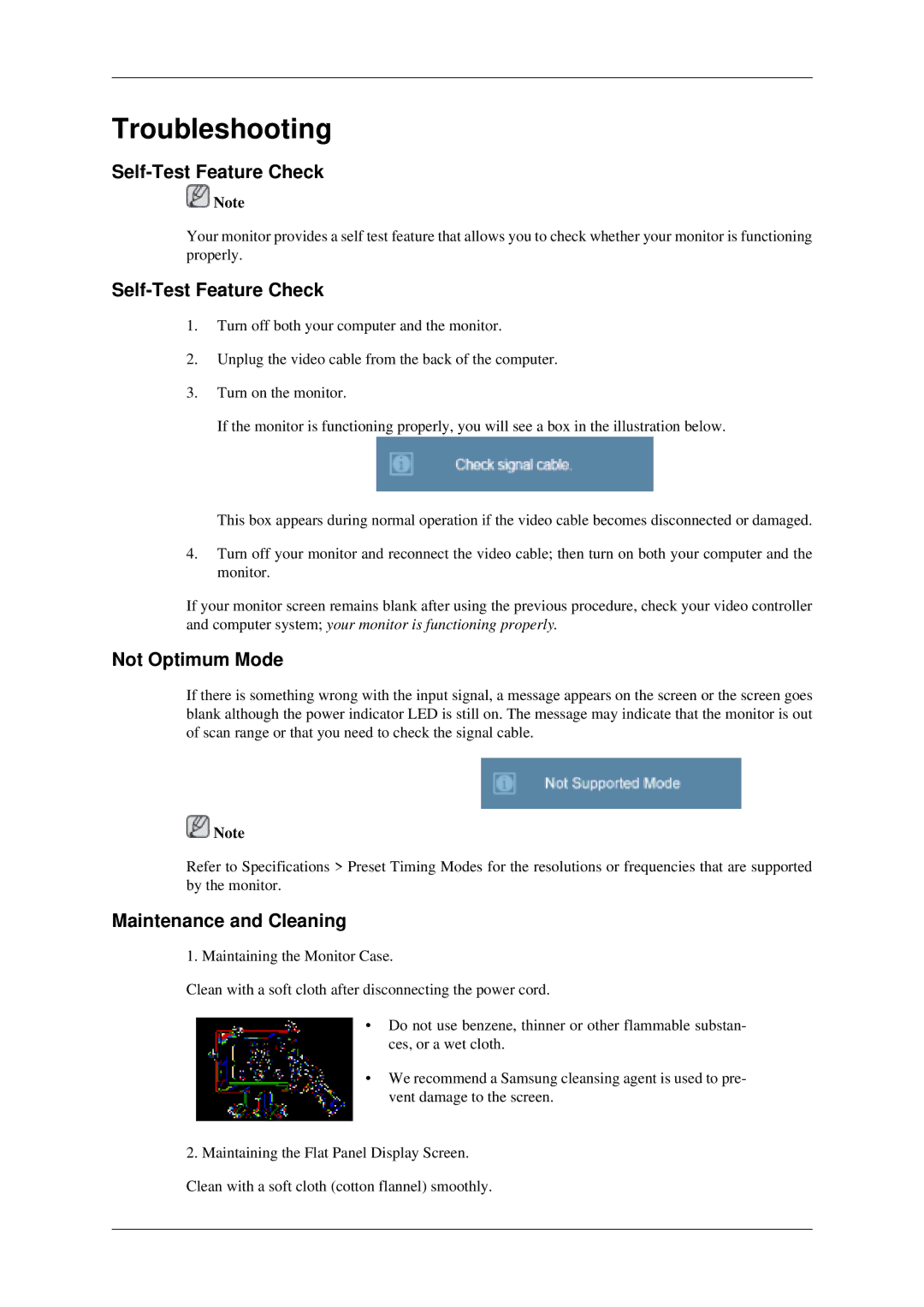 Samsung LS22TDSSU/CT manual Troubleshooting, Self-Test Feature Check, Not Optimum Mode, Maintenance and Cleaning 