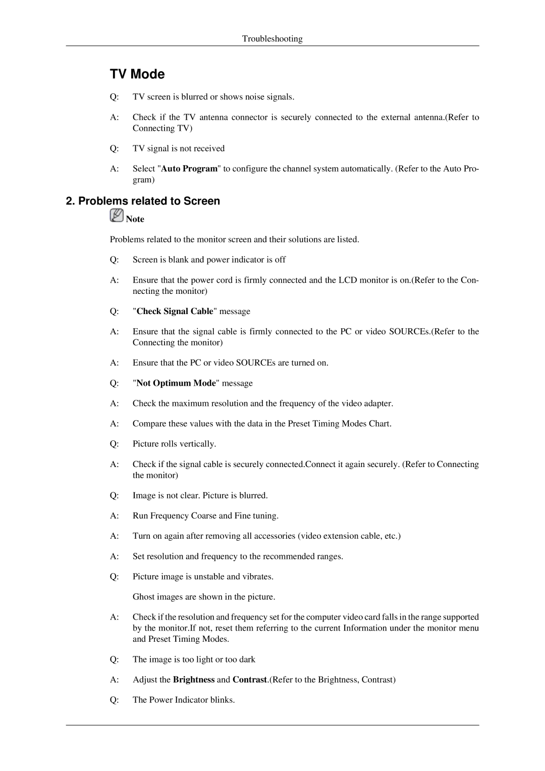 Samsung LS22TDSSU/CT manual Problems related to Screen, Check Signal Cable message, Not Optimum Mode message 