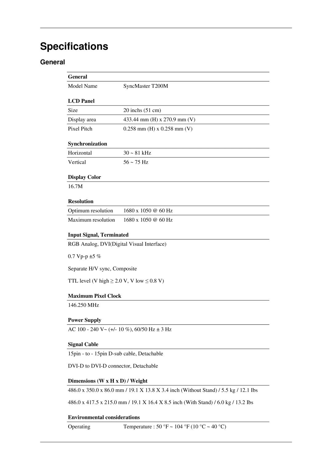 Samsung LS22TDSSU/CT manual Specifications, General 