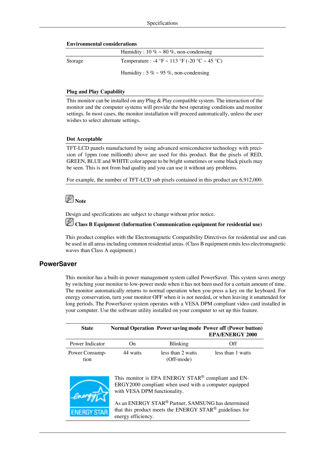 Samsung LS22TDSSU/CT manual PowerSaver, Plug and Play Capability, Dot Acceptable 