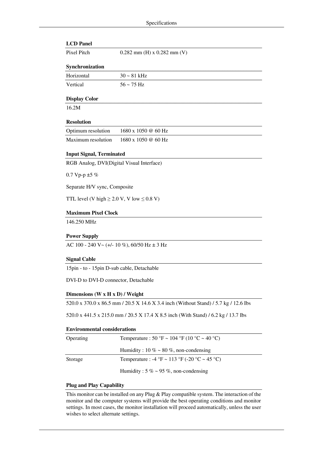 Samsung LS22TDSSU/CT manual Pixel Pitch Mm H x 0.282 mm 