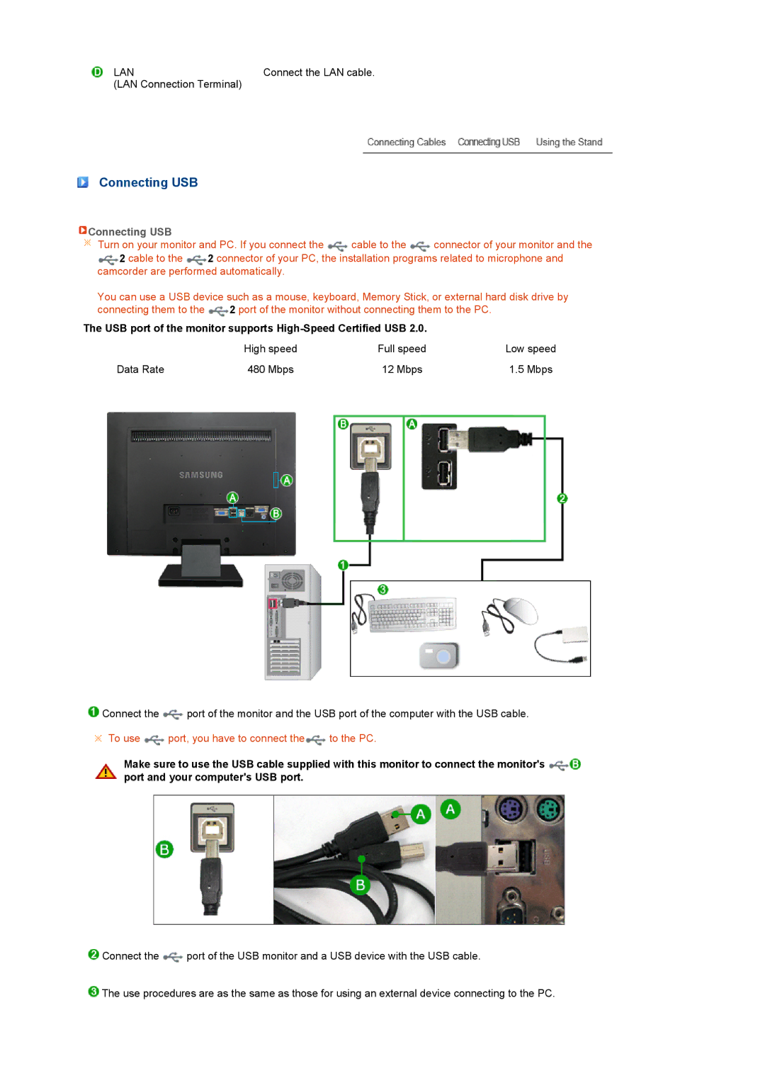 Samsung LS22TNTSF/EDC, LF22TNTSFG/EDC manual Connecting USB, Lan 