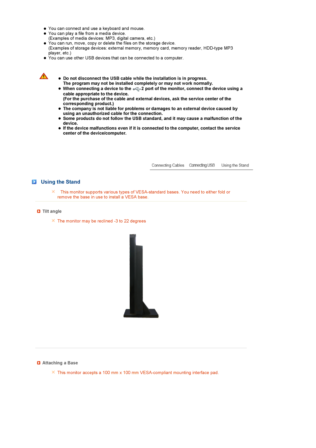 Samsung LF22TNTSFG/EDC, LS22TNTSF/EDC manual Using the Stand, Tilt angle, Attaching a Base 