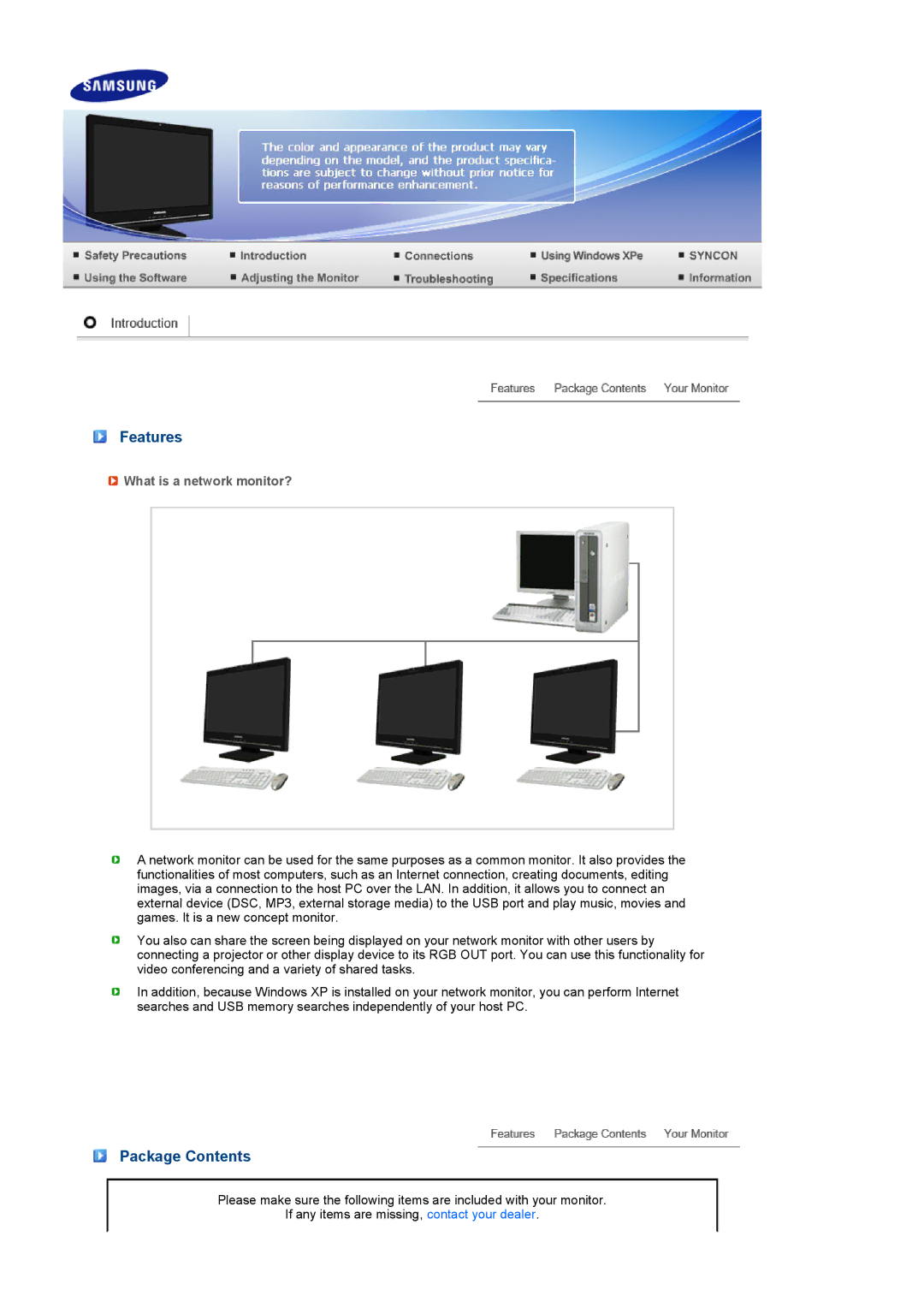 Samsung LS22TNTSF/EDC, LF22TNTSFG/EDC manual Features, Package Contents 