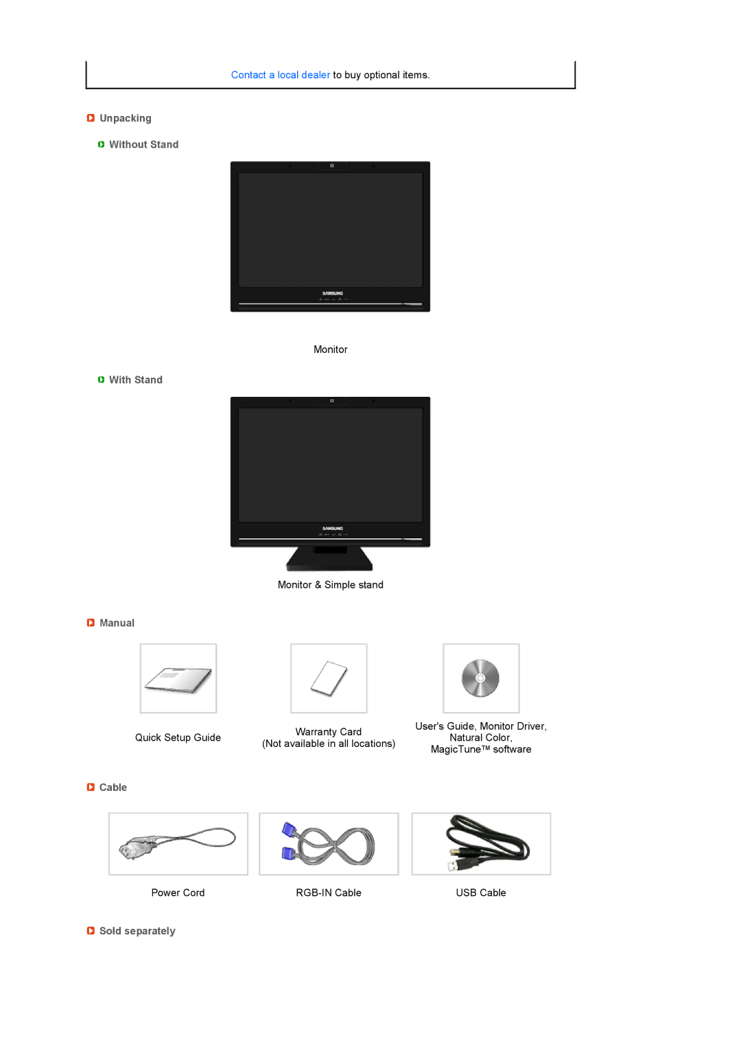 Samsung LF22TNTSFG/EDC, LS22TNTSF/EDC manual Unpacking Without Stand With Stand Manual, Cable, Sold separately 