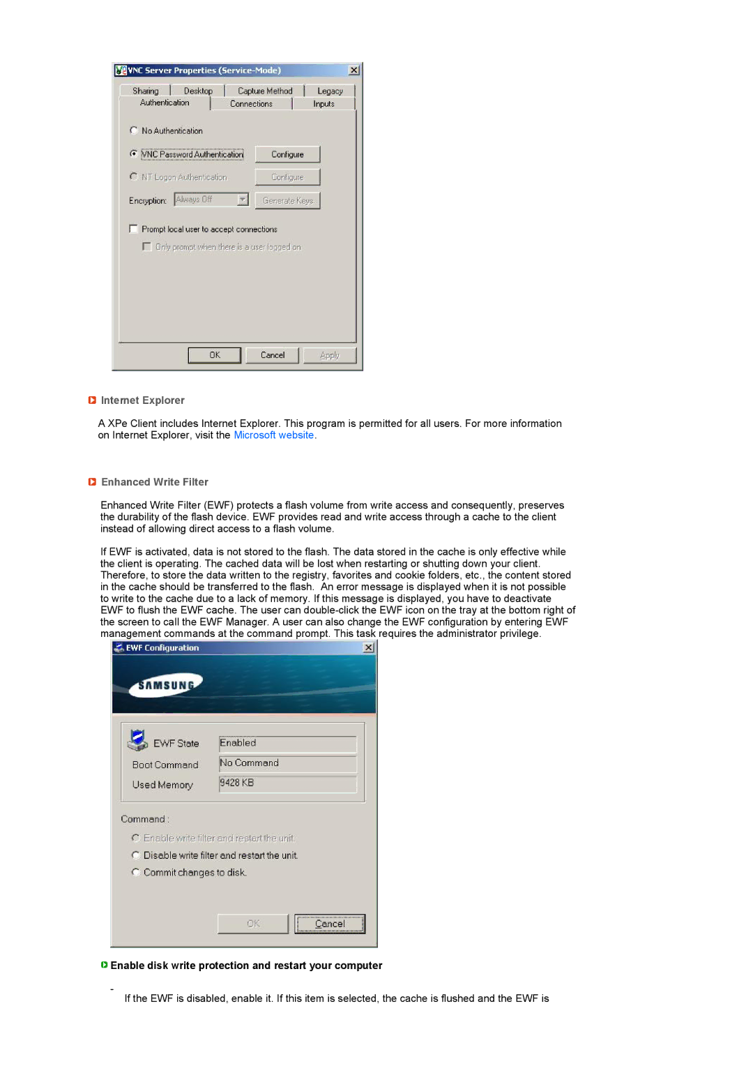 Samsung LS22TNTSF/EDC Internet Explorer, Enhanced Write Filter, Enable disk write protection and restart your computer 