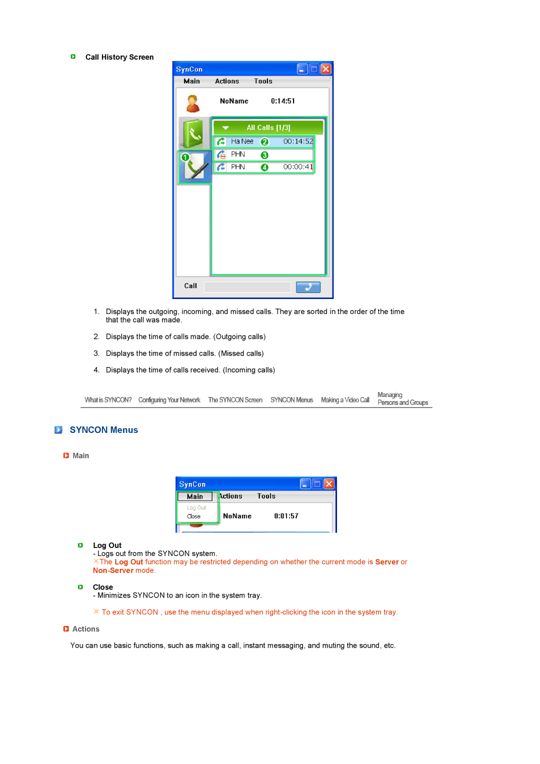 Samsung LS22TNTSF/EDC, LF22TNTSFG/EDC manual Syncon Menus, Main, Actions 