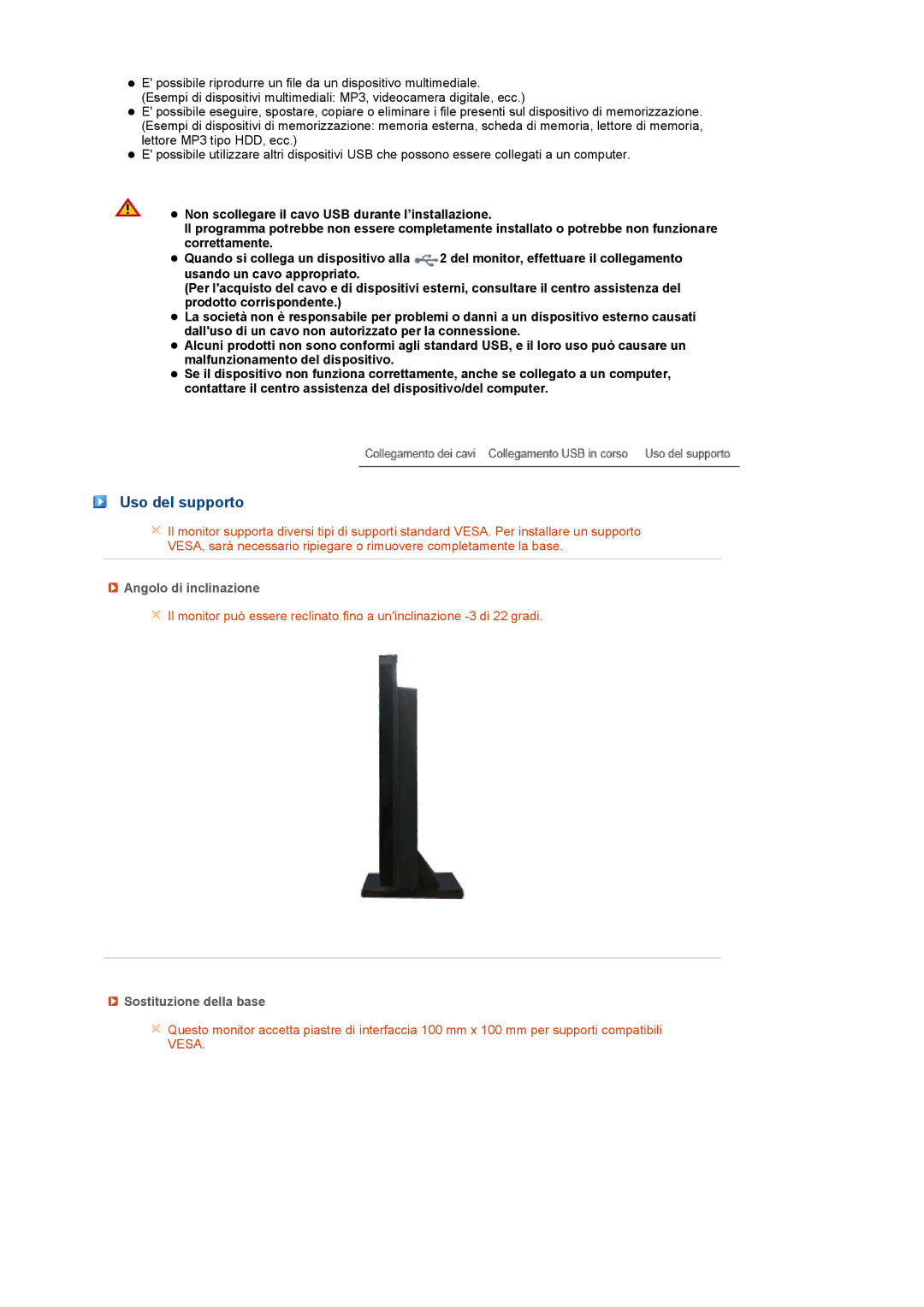 Samsung LF22TNTSFG/EDC, LS22TNTSF/EDC manual Uso del supporto, Angolo di inclinazione, Sostituzione della base 