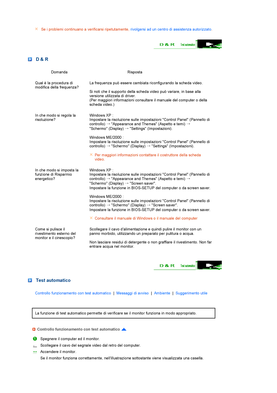 Samsung LF22TNTSFG/EDC, LS22TNTSF/EDC manual Test automatico, Controllo funzionamento con test automatico 