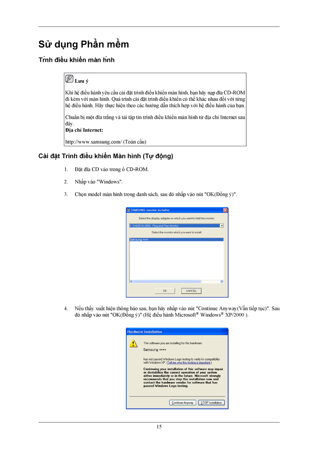 Samsung LS22TWHSUV/XV manual Sử dụng Phần mềm, Tŕnh điều khiển màn h́nh, Cài đặt Trình điều khiển Màn hình Tự động 