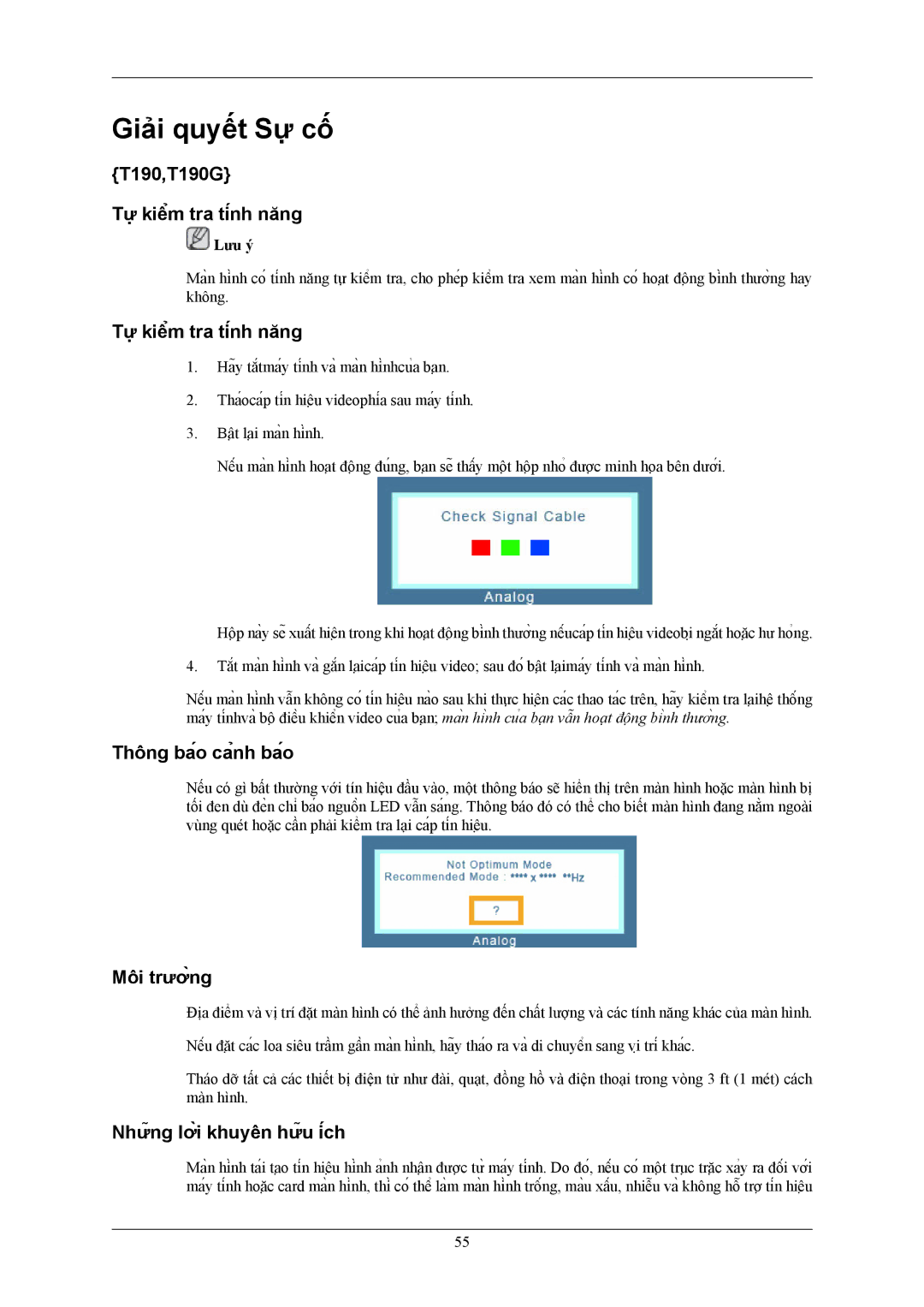 Samsung LS22TWHSUV/XV manual Giải quyết Sự cố, T190,T190G Tự kiểm tra tính năng, Thông báo cảnh báo, Môi trường 