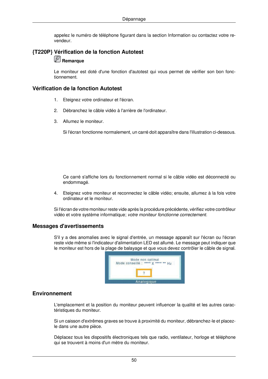 Samsung LS22TWPSUV/EN manual T220P Vérification de la fonction Autotest 