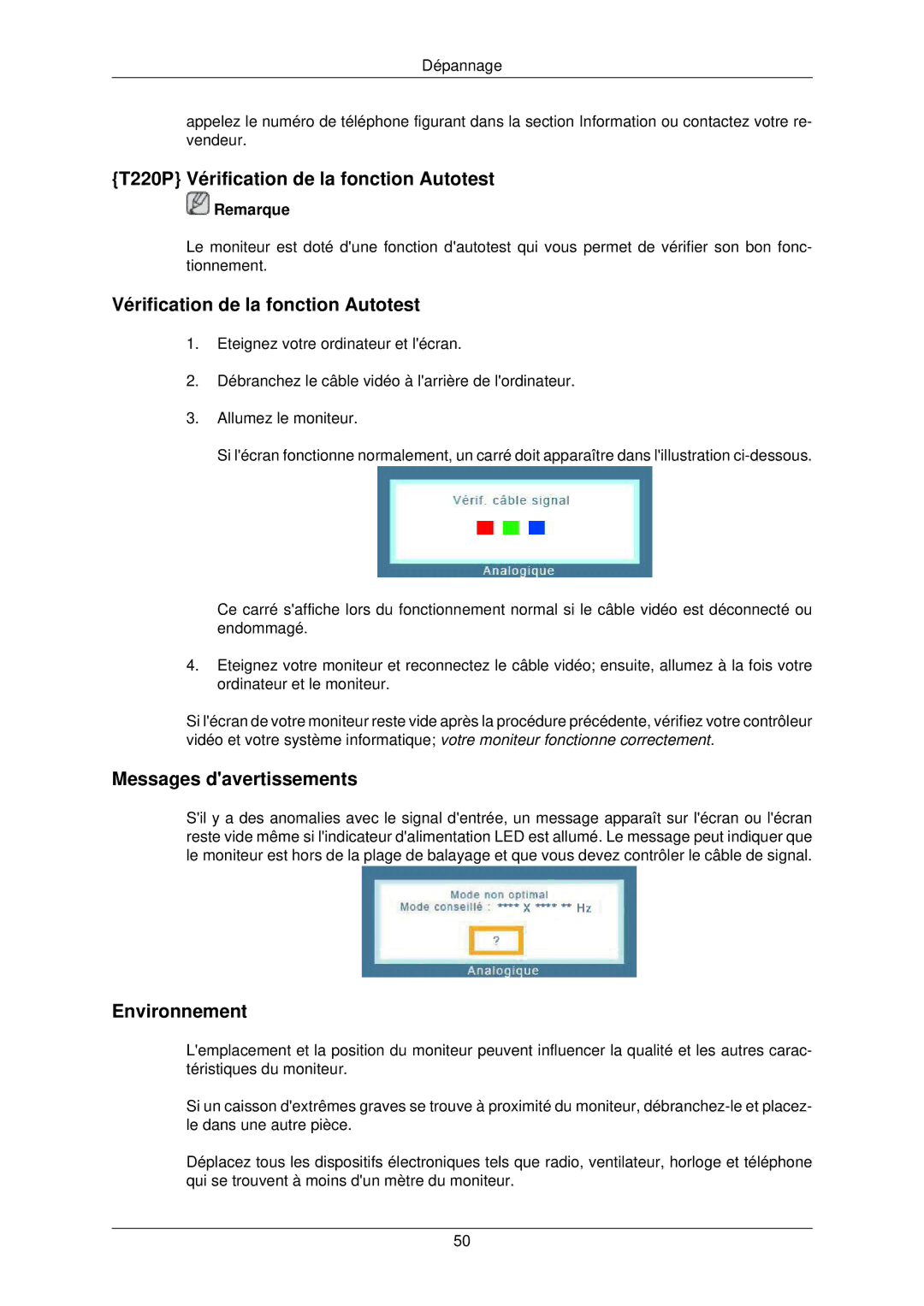 Samsung LS22TWPSUV/EN manual T220P Vérification de la fonction Autotest 