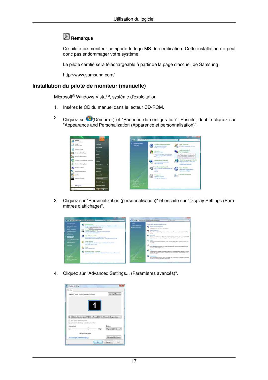 Samsung LS22TWPSUV/EN manual Installation du pilote de moniteur manuelle 