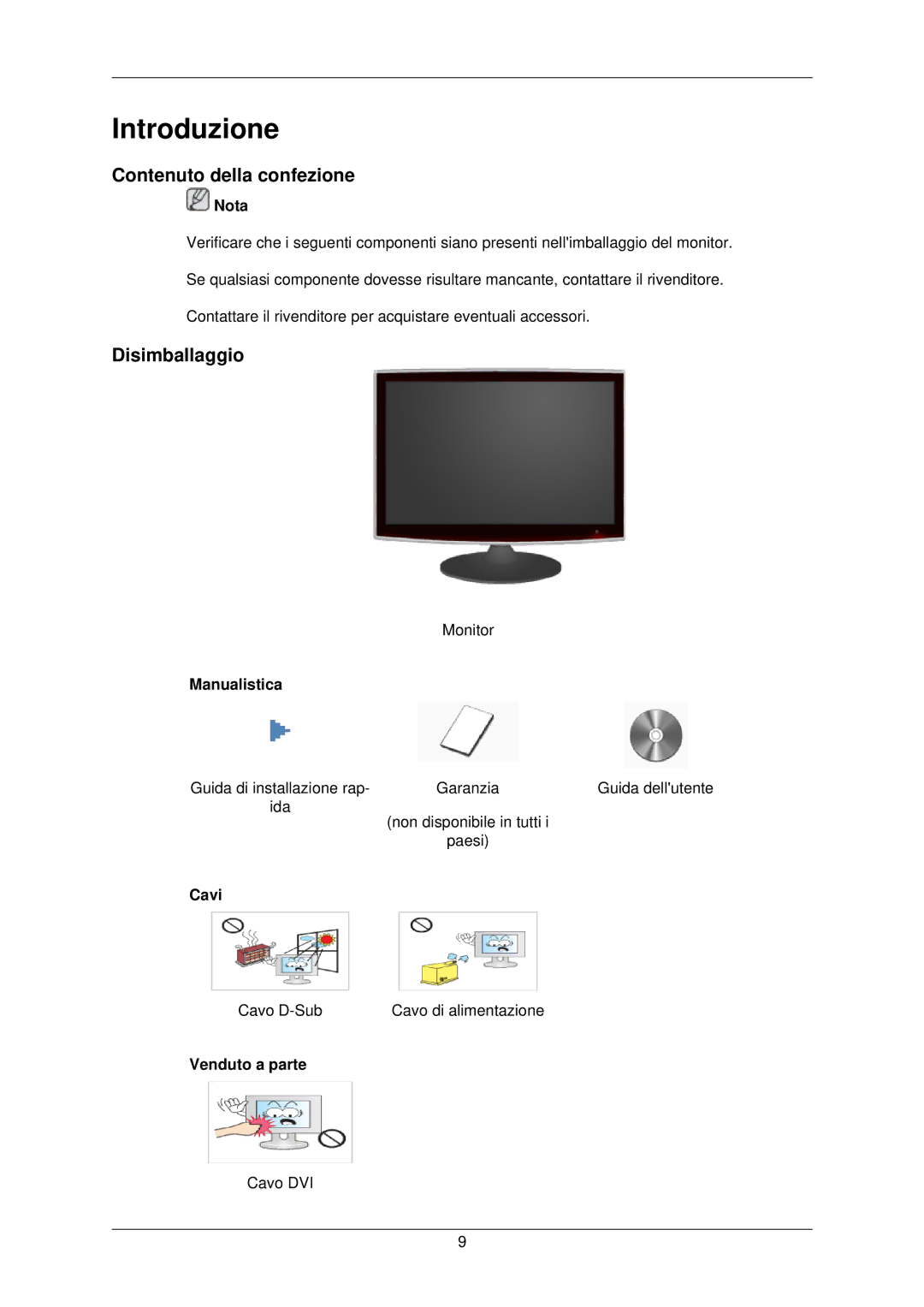 Samsung LS22TWPSUV/EN manual Introduzione, Contenuto della confezione, Disimballaggio 