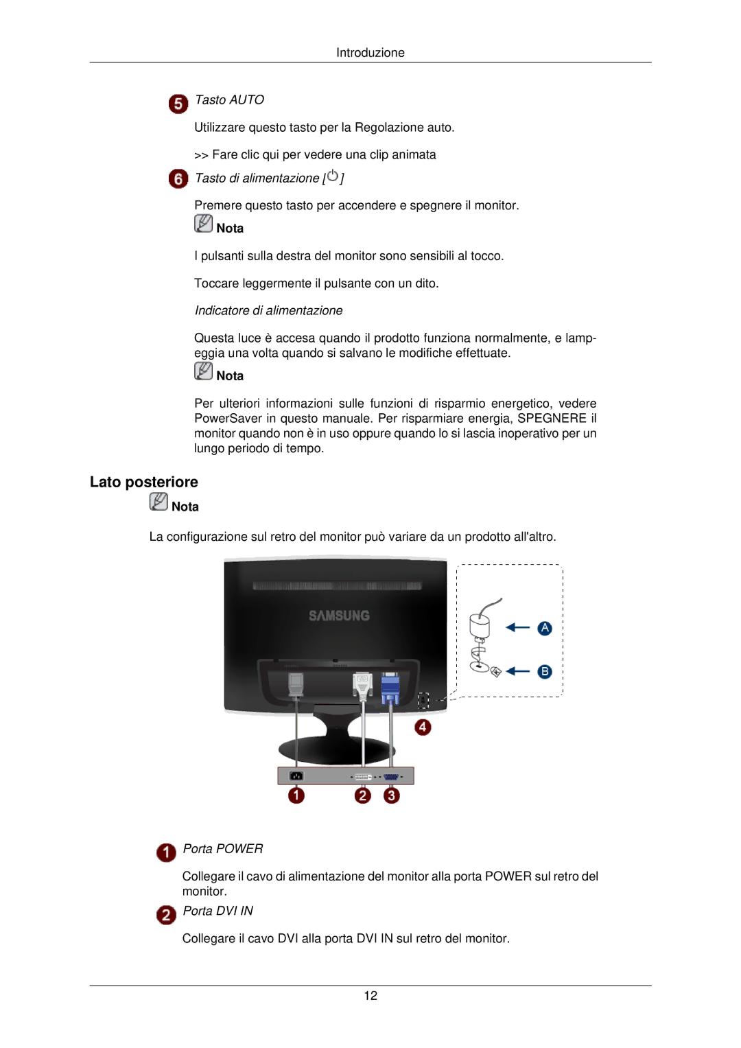 Samsung LS22TWPSUV/EN manual Lato posteriore, Indicatore di alimentazione 