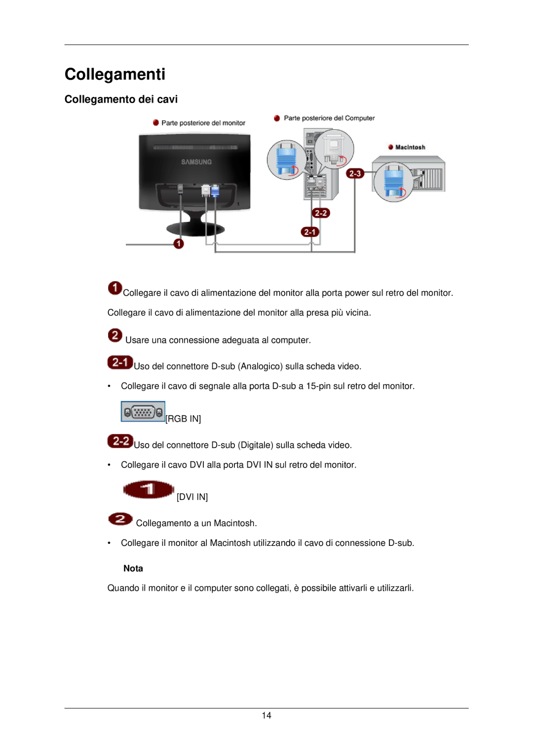 Samsung LS22TWPSUV/EN manual Collegamenti, Collegamento dei cavi 