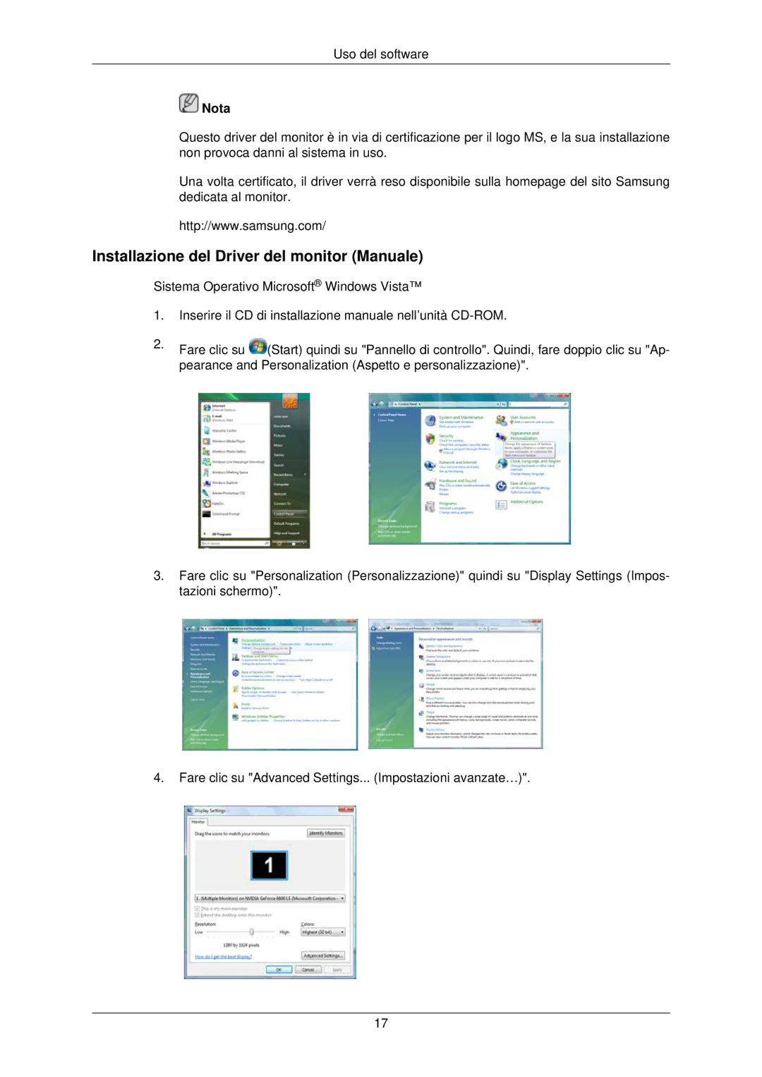 Samsung LS22TWPSUV/EN manual Installazione del Driver del monitor Manuale 