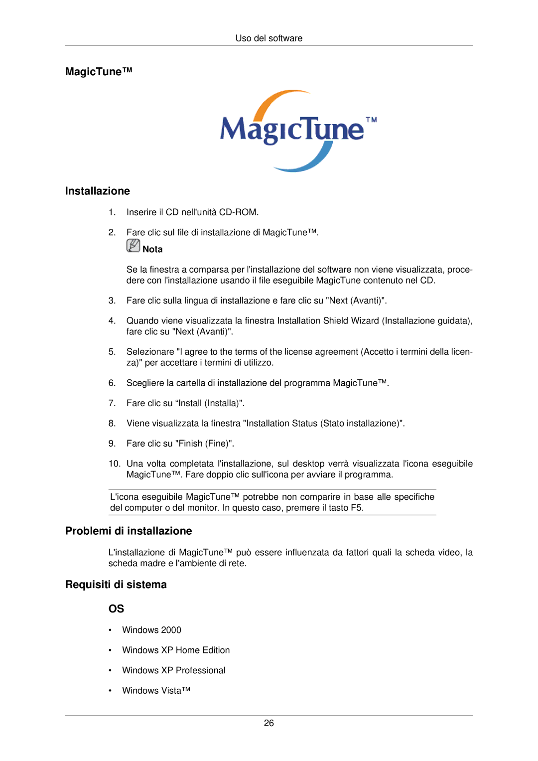 Samsung LS22TWPSUV/EN manual MagicTune Installazione, Problemi di installazione, Requisiti di sistema 