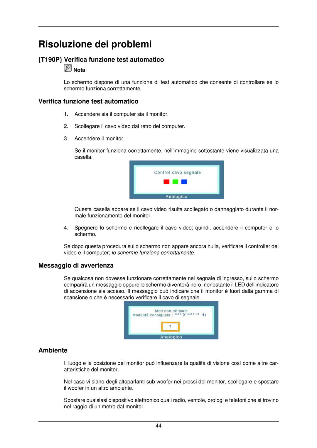 Samsung LS22TWPSUV/EN Risoluzione dei problemi, T190P Verifica funzione test automatico, Messaggio di avvertenza, Ambiente 