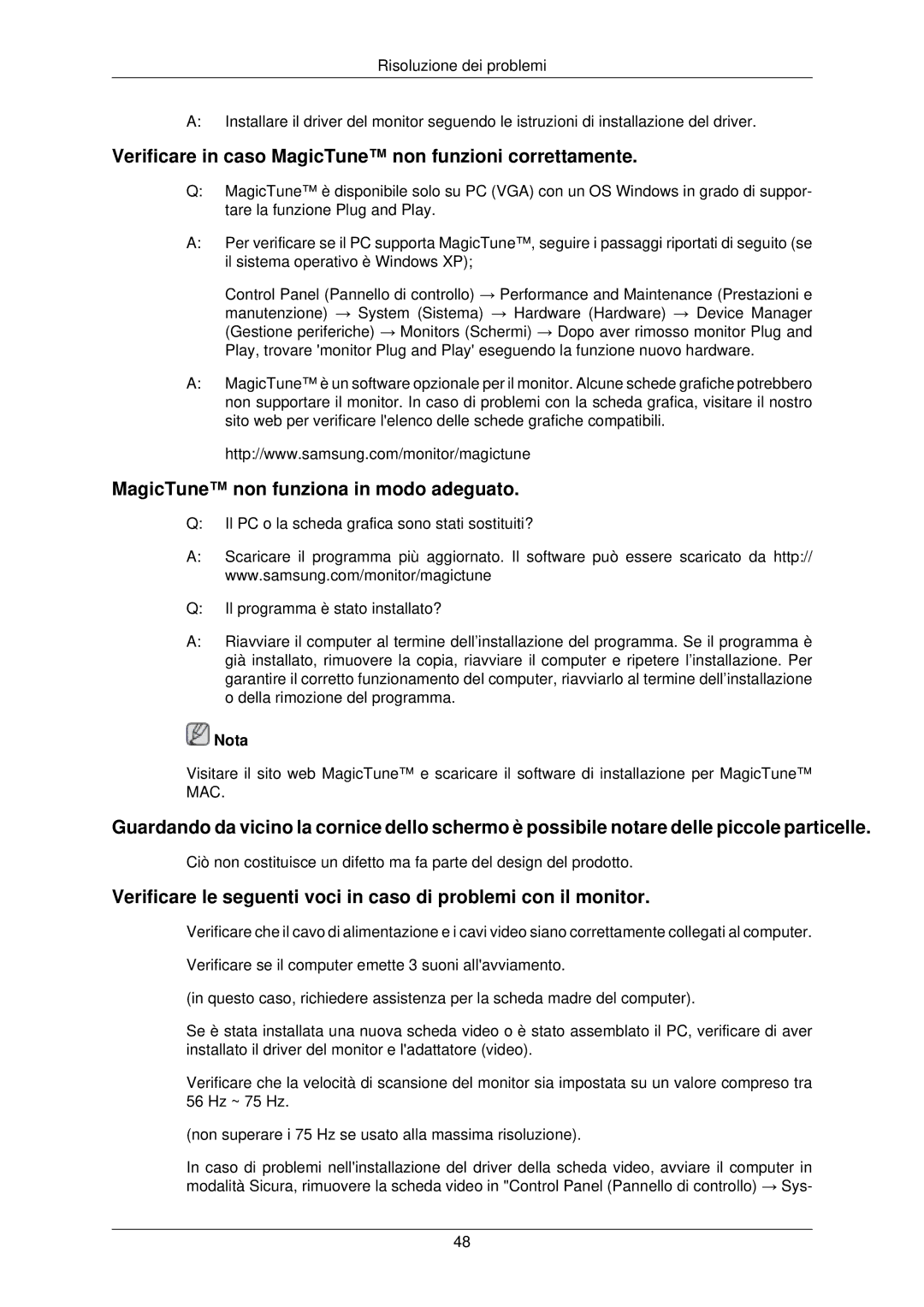 Samsung LS22TWPSUV/EN Verificare in caso MagicTune non funzioni correttamente, MagicTune non funziona in modo adeguato 