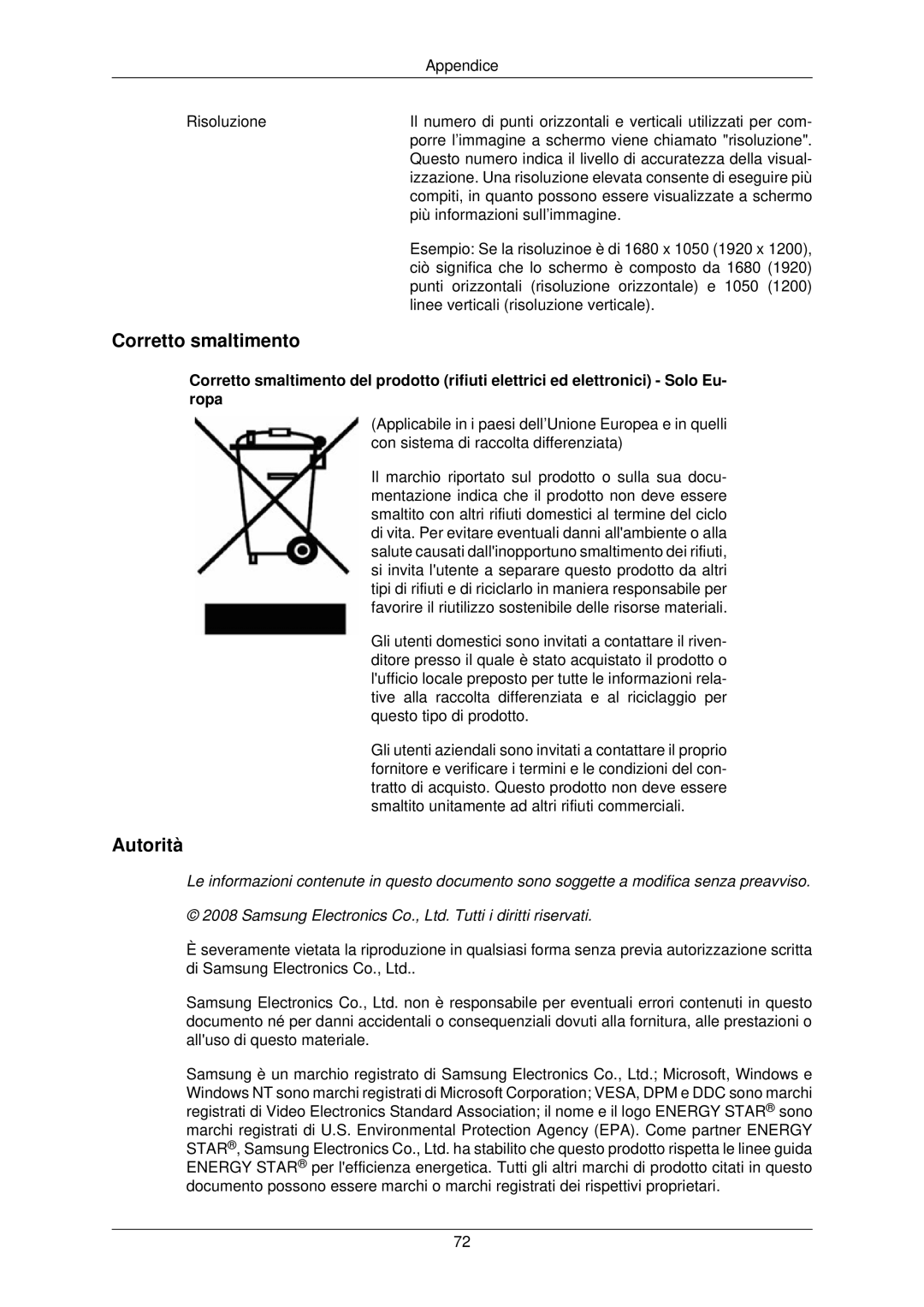 Samsung LS22TWPSUV/EN manual Corretto smaltimento, Autorità 