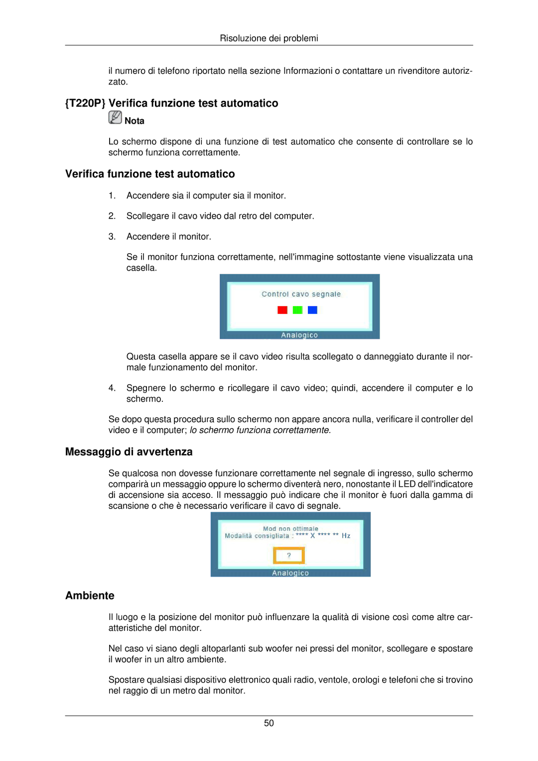 Samsung LS22TWPSUV/EN manual T220P Verifica funzione test automatico 