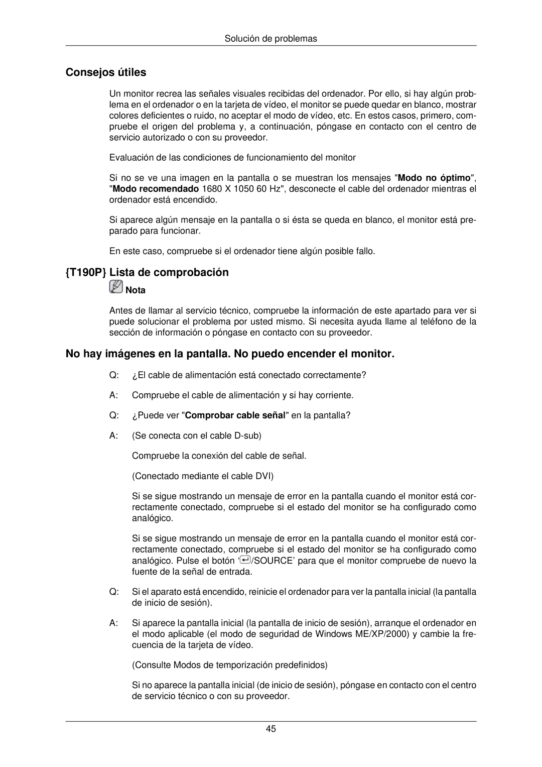 Samsung LS22TWPSUV/EN manual Consejos útiles, T190P Lista de comprobación 