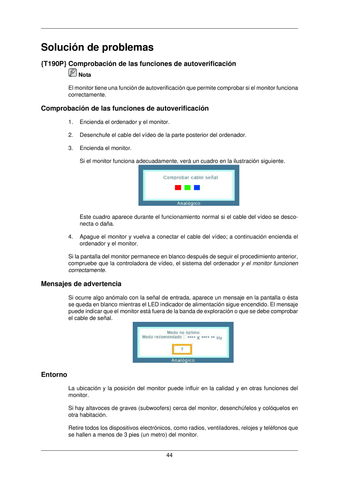 Samsung LS22TWPSUV/EN manual T190P Comprobación de las funciones de autoverificación, Mensajes de advertencia, Entorno 